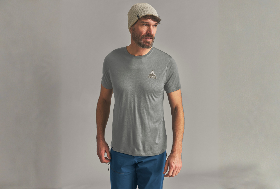 t-shirt, short sleeve, gray, logo, mountain emblem